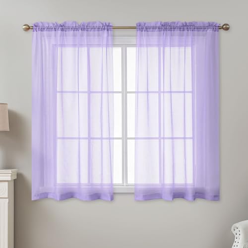 Image of Purple Sheer Curtains 54 Inch Length, Privacy Semi Sheer Curtains for Dining Room Kitchen, Light Filtering Rod Pocket Voile Window Drapes 2 Panels Set, Each 42 inch W x 54 inch L