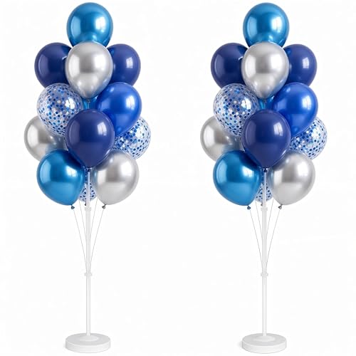 Image of Balloon Column Stand Kit with Balloons, Base and Pole, Balloon Column Kit for Floor or Table Backdrop Decoration for Party Wedding Baby Shower Birthday Graduation (Sliver Confetti Blue)