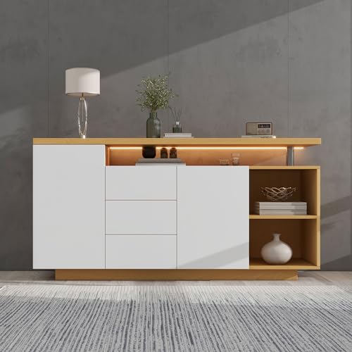 Doyisy Aparador multifuncional de 140 cm de largo, color blanco y imitación de madera, 2 puertas, 3 cajones, 2 compartimentos abiertos, con iluminación LED (140 x 40 x 70 cm)