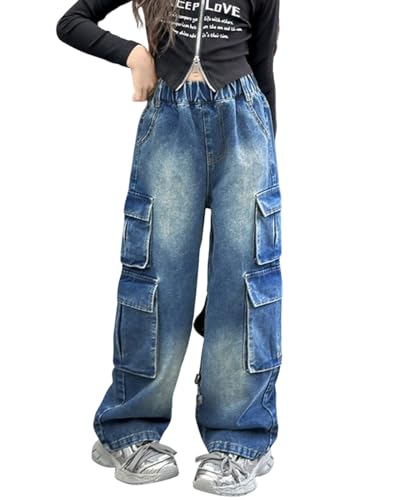 Kids Girls Elastic Waist Baggy Cargo Denim Jeans Pants with Pockets - Y2K Wide Leg Cotton Casual Jeans for 4-14Years