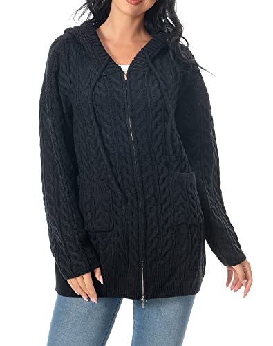 Image of Shineflow Women Hooded Cardigan Oversized Slouchy Zipper Cable Knit Cardigan Coat Solid Color Sweater Casual Knit Knitwear