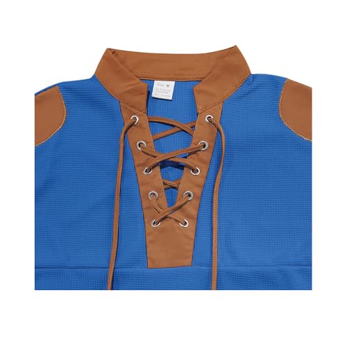 Autumn new men's waffle color-blocked tie V-neck long-sleeve casual T-shirt3