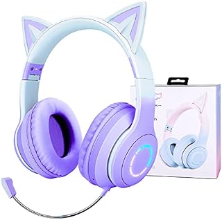 JYPS Kids Wireless Headphones, Childrens Headphones with LED Light and Cat Ear for Girls, Bluetooth Headset with Detachable Noise-cancelling Microphone and Built-in Mic for Call/Gaming (purple)