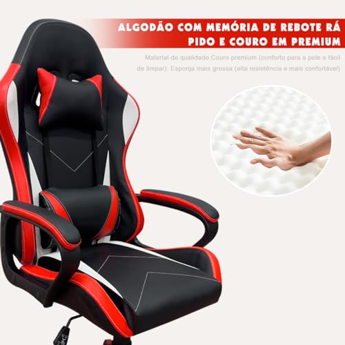 Cadeira de jogos com encosto alto, apoios de braços fixos em quatro pontos, altura ajustável (Vermel
