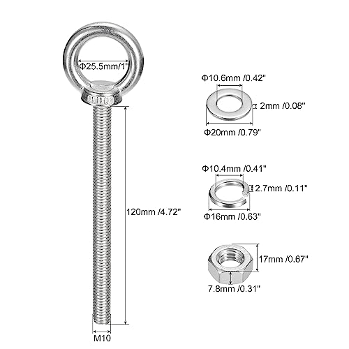 Image of uxcell Lifting Eye Bolt, 1 Set M10x120mm Eye Bolt with Nut Washer 304 Stainless Steel Shoulder Lifting Ring Eye Bolt for Hanging Item