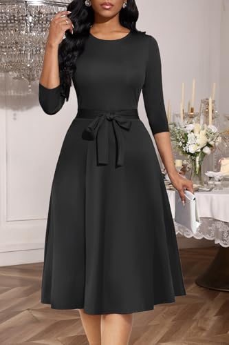 Image of Casual Dresses for Women Midi Church A-Line Fit and Flare Dress Crewneck 3 /4 Sleeve Party Dress