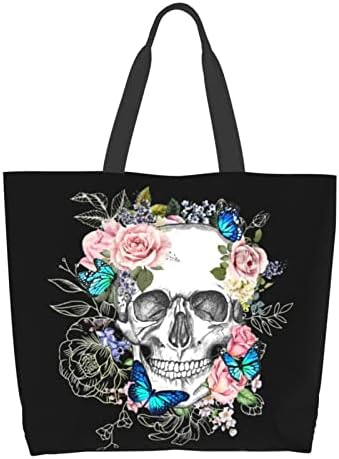 Zisqerts Skull Flower Large Tote Bag For Women Reusable Grocery Bag Waterproof Shopping Handbag With Inner Pocket Storage Bag Folding Bags For Travel Work Beach Gym