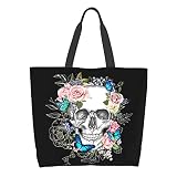 Zisqerts Skull Flower Large Tote Bag For Women Reusable Grocery Bag Waterproof Shopping Handbag With