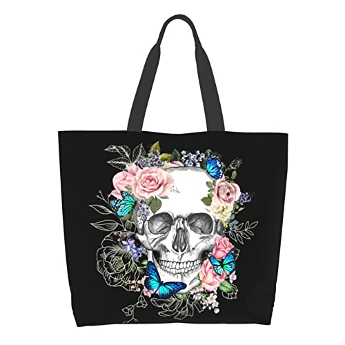 Zisqerts Skull Flower Large Tote Bag For Women Reusable Grocery Bag Waterproof Shopping Handbag With Inner Pocket Storage Bag Folding Bags For Travel Work Beach Gym #TOP1