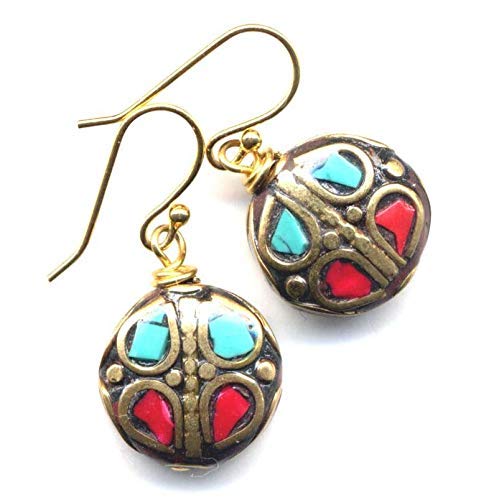 Tibet Earrings, Red Turquoise Earrings, Tribal Earrings, Nepal Earrings, 18 K Gold Filled Earrings, Coral Turquoise Tibet earrings by Annaart