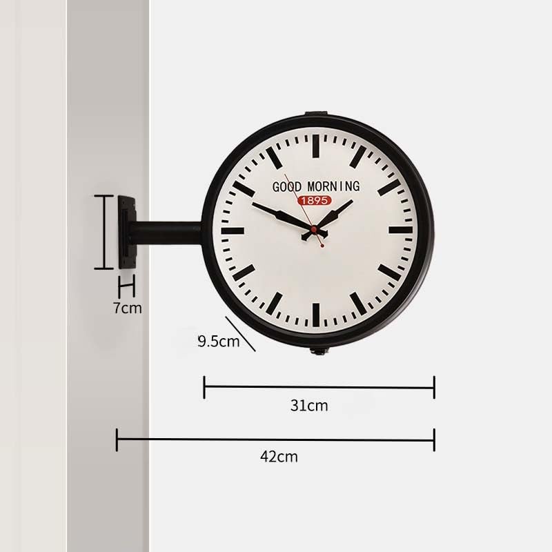 Doppelseitige Wanduhr aus Metall, Retro-Station Hängende Uhr mit schwarzem Rahmen, leises antikes Design für Innen- und Außenbereich, Garten, Heimdekoration