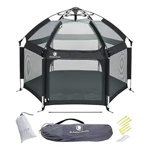 POP 'N GO PLAYPEN - Indoor & Outdoor Baby Playpen for Babies and Toddlers - Baby Beach Tent, Foldable, Portable W/Canopy, Travel Bag, & Mosquito Net - Pop Up Pack and Play Tent (Black)