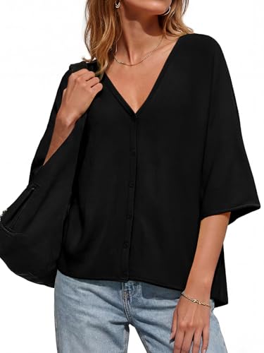 Image of Saodimallsu Womens V Neck Half Sleeve Cardigan Sweaters Summer Knit Tops | Oversized Fit, Button Down, Batwing Sleeve, Soft Lightweight Knitted Fabric, Trendy Casual Style, Summer Fall Outfits