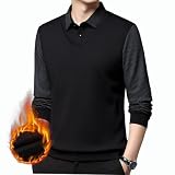 [BUTMYJ] ポロシャツ メンズ 長袖 秋冬服 折り襟 Tシャツ 大きいサイズ フェイクツーピース ストライプ インナーシャツ ファッショ ゴルフウェアカジュアル おしゃれ 部屋着 裏起毛 防寒 厚手 カットソートップス -black-M