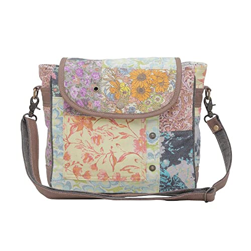Myra Bags Floral Canvas Crossbody Pouches with Zipper, Flap, and Strap - Fiori Patchwork Design Canvas Totes with Variety of Flowers