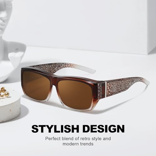 Trysee Sunglasses Over Glasses for Women with Rhinestone Rectangle Fit Over Glasses UV Protection for Driving TS42043