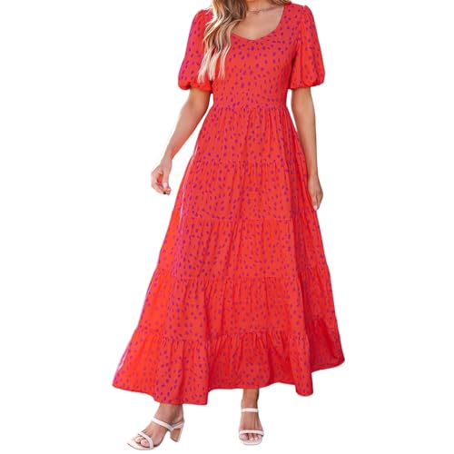 Dresses for Women Sundress Puff Short Sleeve Crewneck Dress Boho Floral Sundress Beach Vacation Dresses Summer 20254