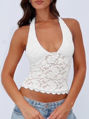 Women's Lace Halter V Neck Backless Tank Tops Cute Summer 2025 Fitted Sheer Going Out Tops4