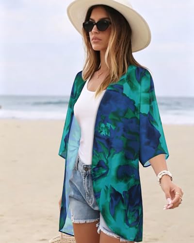 Image of Women's Floral Print Puff Sleeve Kimono Cardigan Loose Cover Up Casual Blouse Tops 2026