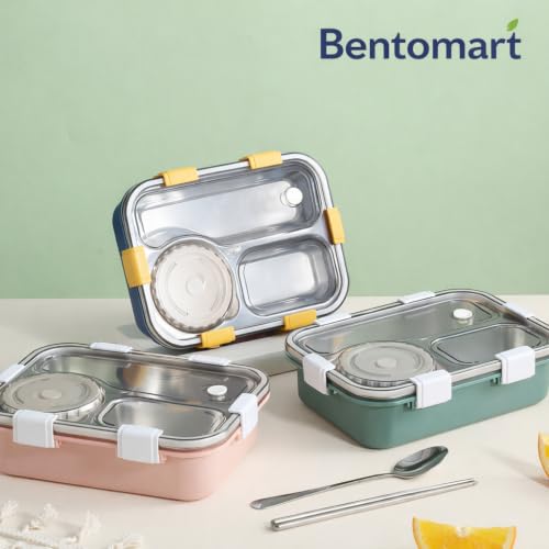 Image of 3 Compartment SUS304 Stainless Steel Lunch Box with Sauce Cup & Cutlery, Leak-Proof Partition Bento Box for School, Office & Travel