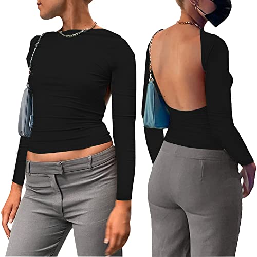 SearchI Frauen Rückenfreies Langarm-Top Sexy Slim Fit Open Back Shirt Crewneck Casual Damen Rückenfrei T-Shirt Y2K Front Back Reversible Tops(Schwarz,S) Cover