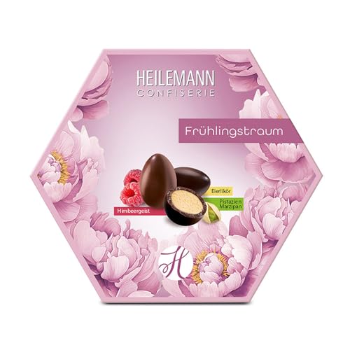 Heilemann Frühlingstraum Schoko-Eier mit Alkohol, 180 g – Gefüllte Edelvollmilch- & Zartbitterschokolade mit Eierlikör-, Himbeergeist- & Pistazien-Marzipanfüllung | Edle Geschenkpackung zu Ostern