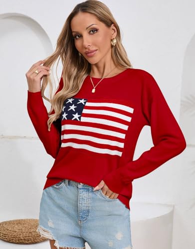 Womens American Flag Sweater, Long Sleeve Crewneck Colorblock Striped Pullover with Drop Shoulder - Casual Knitted Sweaters2