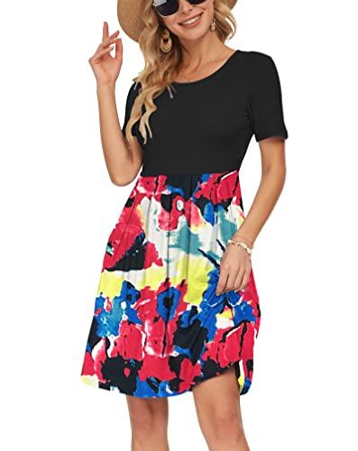 Image of AUSELILY Women's Short Sleeve Pleated Swing Summer Dress with Pockets | Knee-length short sleeve dress, empire waist & pockets, ideal for casual daily wear and vacation
