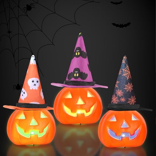 Shinybox Decorazione di Halloween a LED Horror Zucca, 3 Pezzi LED Zucca e 3 Pezzi Cappelli da Mago, Decorazione Autunnale, Funzionamento a Batteria, Addobbi Giardino Decorative Lanterna Halloween