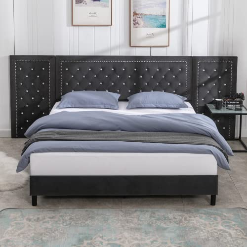 Zafly Upholstered California King Size Bed Frame With Oversized Crystal Button Tufted Headboard,Velvet Platform Damazy Eastern Bed,Wooden Slats Support,No Box Spring Needed,Easy Assembly,Dark Grey #TOP23