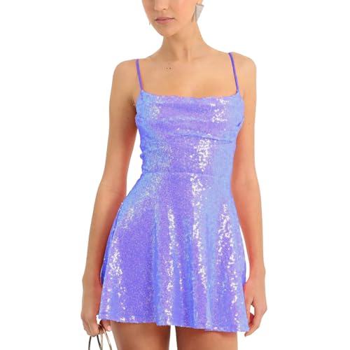 Image of FEORJGP Womens Sparkly Sequin Mini Dress Shiny Spaghetti Strap Short Dress Glitter Disco Slip Dresses Cocktail Party Clubwear