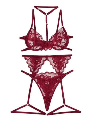 Image of Lilosy Sexy Choker Floral Lace Scallop Sheer Underwire Push Up Garter Belt Lingerie Set 3 Piece