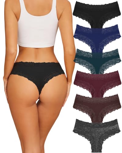 Image of Sth Big Womens Cotton Underwear Sexy Lace Brazilian Panties Soft Breathable Cotton Bikini for Ladies 6 Pack