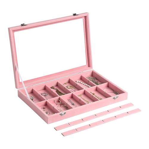 Frebeauty Velvet Jewelry Tray,24 Grid Jewelry Organizer with Clear Lid,Earring Holder Organizer with Clasp,Drawer Insert Rings Pendants Brooches,13.8 x 9.5 x 2 Inches,Gift for Women(Pink) by Frebeauty - Image 5