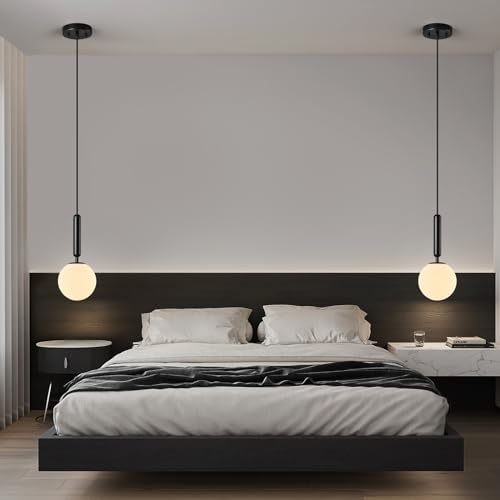 Image of Modern Hanging Light Fixture Pendant Lighting for Kitchen Island Mid Century Black Pendant Lights with Globe Milky White Glass Pendant Light for Bedroom Bathroom Entryway (1 Pack)