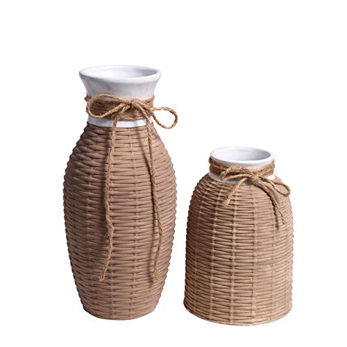 Teresa's Collections Modern Farmhouse Ceramic Vase For Home Decor, Woven Effect Boho Vase For Pampas Grass, Decorative Rustic Flower Vase For Table Centerpiece, Living Room, Fireplace, 11 In -Set Of 2 #TOP1