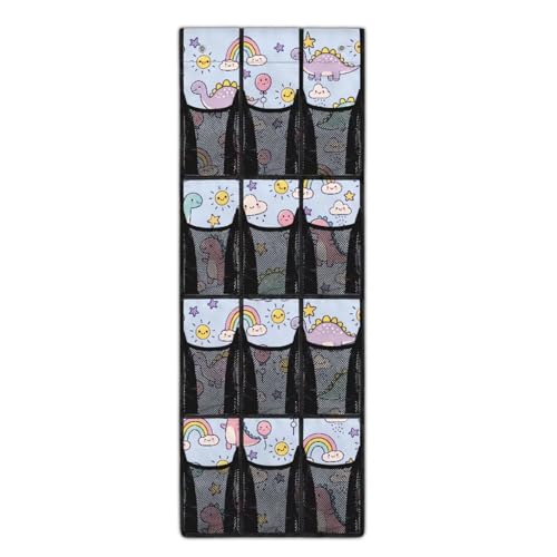 Sellikakes Cute Dinosaur Over The Door Shoe Organizer Space Saving Foldable Hanging Storage Holder 12 Mesh Pockets for Bathroom Bedroom