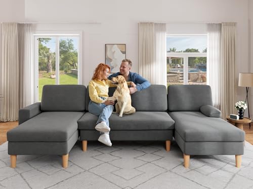 DWVO 109'' U-Shape Sectional Sofa, 4-Seater Sofa with Double Chaise, Storage Armrests & Cup Holder, Thick Cushions, Durable Wood Frame for Living Room, Apartment, Office, Dark Gray