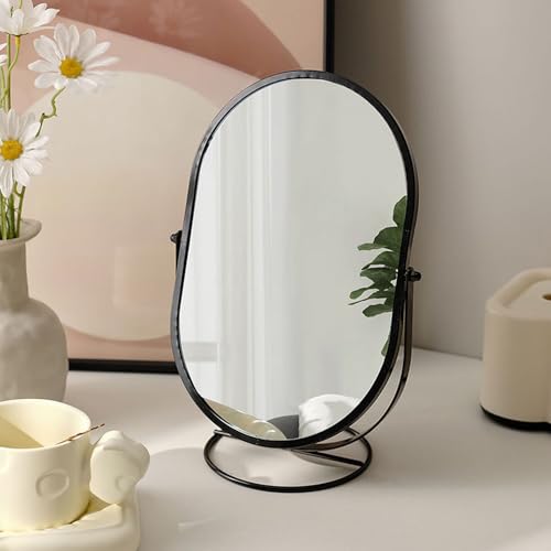 Hosoncovy Metal Frame Desktop Mirror with Stand Oval Dressing Table Tabletop Makeup Cosmetic Single Sided Full Length Mirror for Bathroom Bedroom (Black)