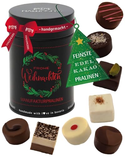 Hallingers Genuss Manufaktur Pralinen Geschenk Weihnachten – ohne Alkohol, handgemacht aus Premium Edelkakao, edle Geschenkdose Frohe Weihnachten, Geschenkidee für Frauen & Männer zur Weihnacht