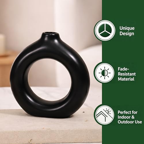 Image of Modern Matte Black Ceramic Donut Vase - Minimalist Hollow Round Flower Vase for Home Decor, Living Room, Bedroom & Office Accent, 5x5.1 Inch