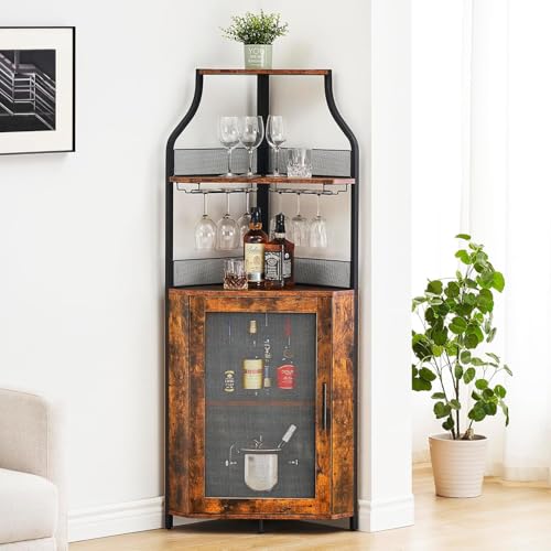 OPULENTHOME Armoire à vin d'angle avec table de travail - Cave à vin en bois avec 5 compartiments de rangement et 2 supports en verre et porte en maille - Pour...