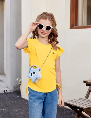 Image of Arshiner Girls T Shirts Ruffle Short Sleeve Ruched Knot Side Tunic Blouse Summer Tee Tops