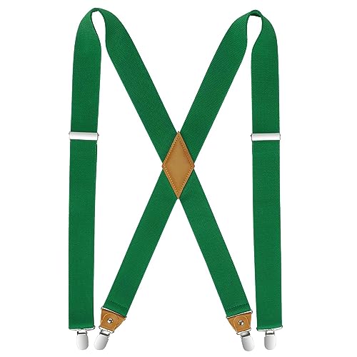 HISDERN Herren 3 5 cm breiter Hosenträger in X-Form mit sehr Starken 4 Metall Clip für Männer und Damen elastisch und verstellbar Grün