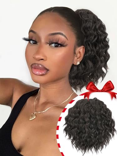 Isaic Ponytail Extension 8 Inch Short Wavy Curly Ponytails Drawstring Ponytail for Black Women Natural Black Pony Tails Hair Extensions Synthetic Hairpiece For Daily Use