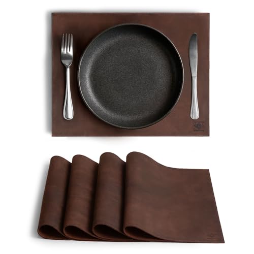 Leather At Home,  Rectangular Place Mats, Genuine Placemats, Full Grain Leather, Handmade Rustic Mats, Bourbon Brown - Best Place Mats
