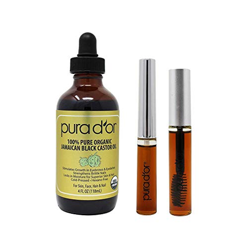 PURA D’OR Organic Jamaican Black Castor Oil (4oz) 100% Pure USDA Organic – Cold Pressed – For Lashes, Brows, Skin & Hair – Promotes Thicker Eyebrows, Eyelashes & Healthier Skin With Bonus Brush Kits