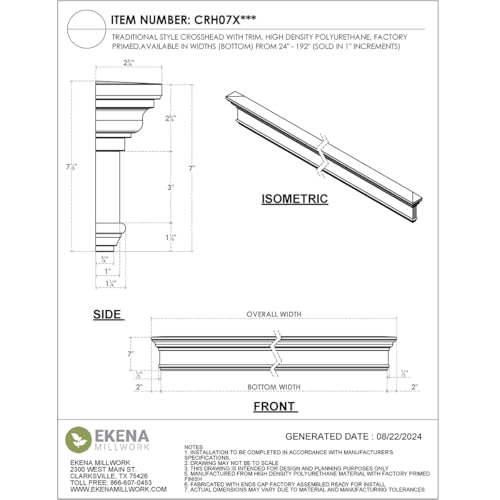 Ekena Millwork CRH07X87 87-Inch Bottom Width x 90 1/2-Inch Top Width x 7 1/4-Inch H x 1-Inch P Crosshead with Trim by Ekena Millwork - Image 2