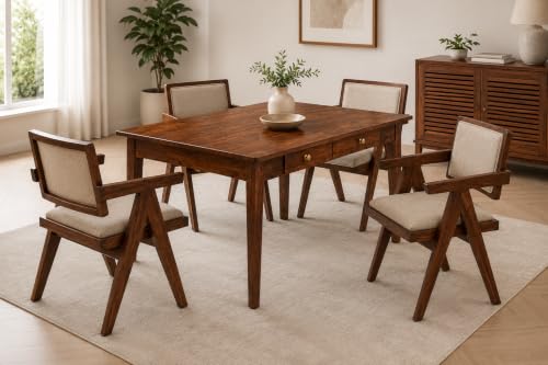 Image of Solid Sheesham Wood 4 Seater Dining Table Set with 2 Drawers & Cushioned Back Chairs | 45 x 32 x 30 Inch Wooden Dining Table for Dining Room, Kitchen & Home | Dark Honey Finish