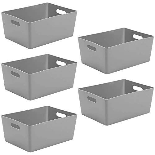 Wham Studio 5 x 11.5L Rectangular Plastic Storage Baskets | Ideal for Kitchens, Bathrooms, Stationery & More | Easy Access Integrated Handles | Made in the UK - Cool Grey